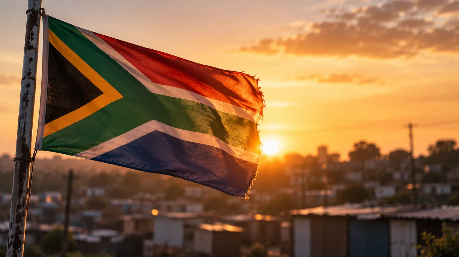 The South African flag flying at sunset over a neighbourhood
